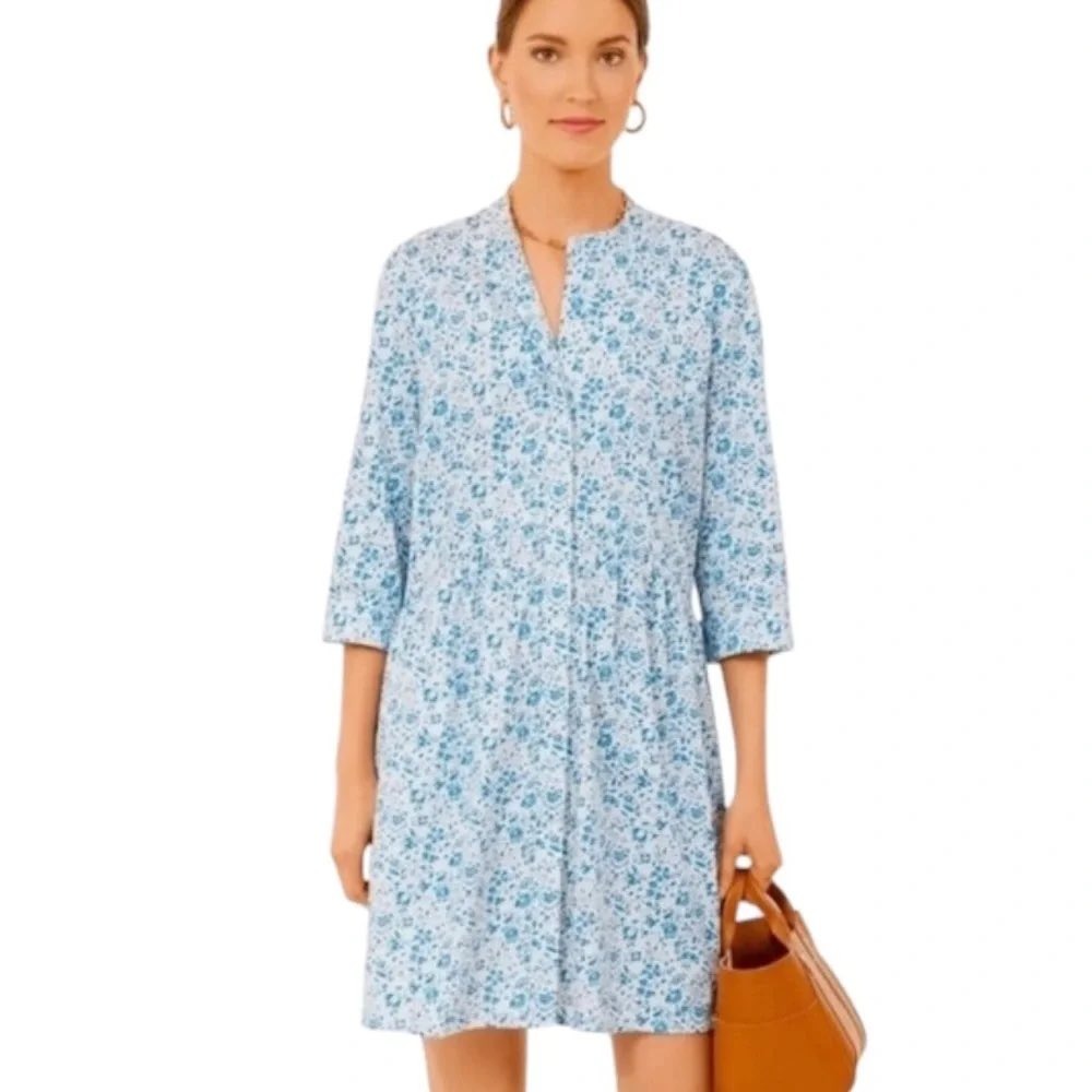 Tuckernuck Bluebell Dress Womens S White Blue Floral Button Front‎ 3/4 Sleeve